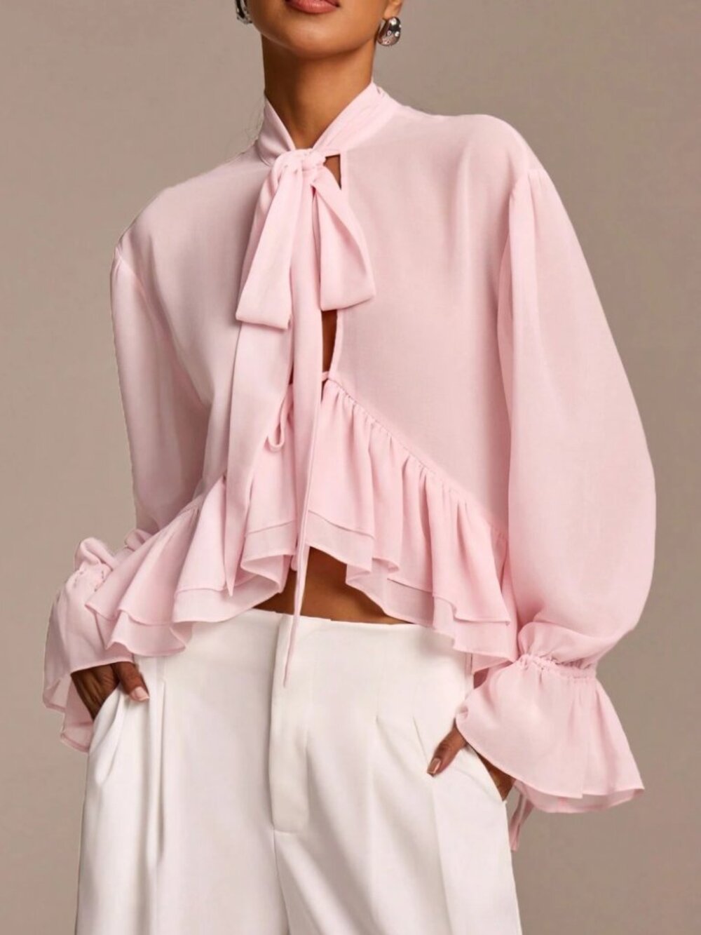 Blush Pink Tie-Neck Ruffle Hem Blouse